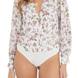 Vici Long Sleeve Ruffle Shoulder Lightweight Pink Floral Bodysuit Size Large